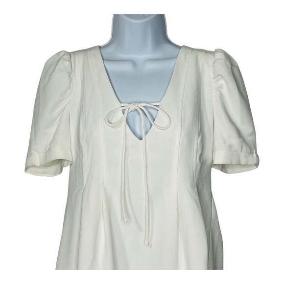 Line & Dot Mini Dress Womens Small White Puff Sleeve Babydoll Tie Front Revolve - Picture 3 of 9